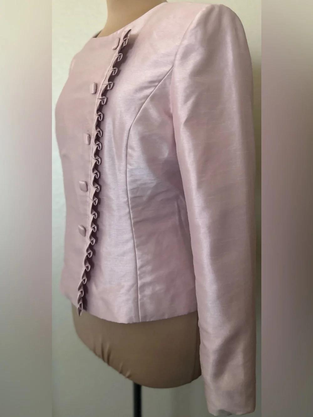 Tahari ASL Light Pink Ruffle-Trim Satin Blazer